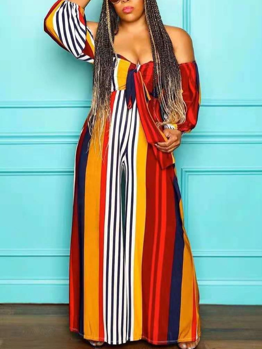 

LW SXY Plus Size Off The Shoulder Striped One-piece Jumpsuit, Multicolor stripe