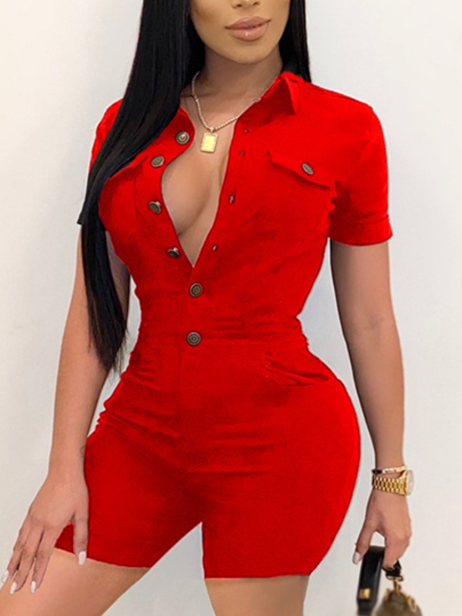 

Lovely Pocket Button Design One-piece Romper, Red