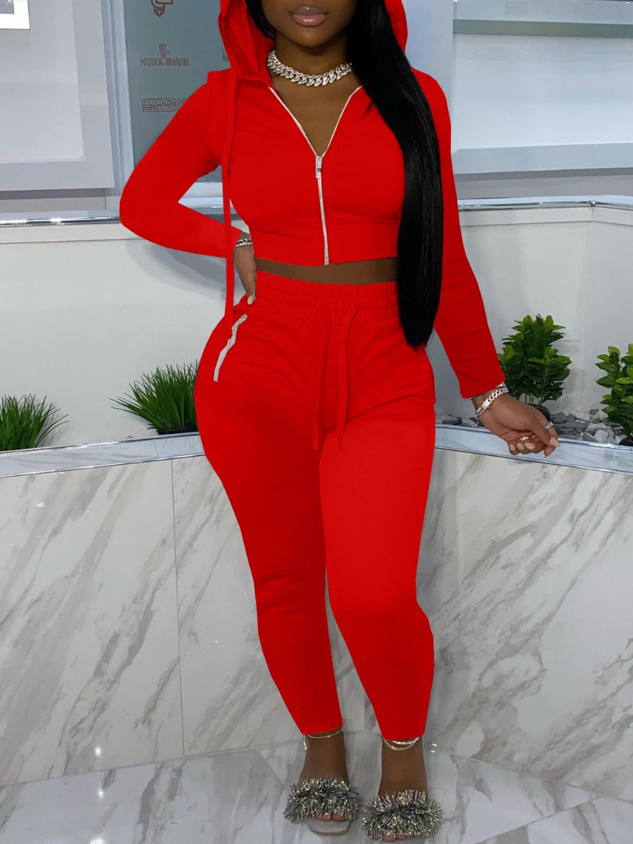 

LW Zipper Design Drawstring Crop Top Tracksuit Set, Red
