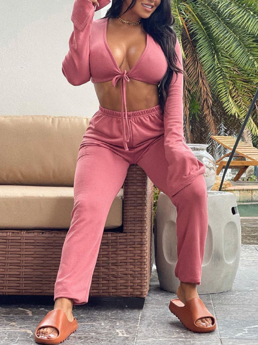 

LW SXY Bandage Design Flared Crop Top Pants Set, Pink