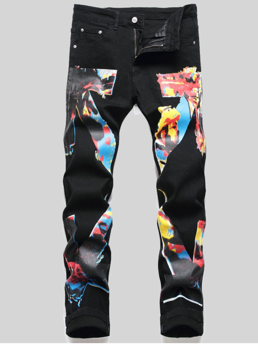 

Lovely Men Graffiti Print Patchwork Jeans, Black