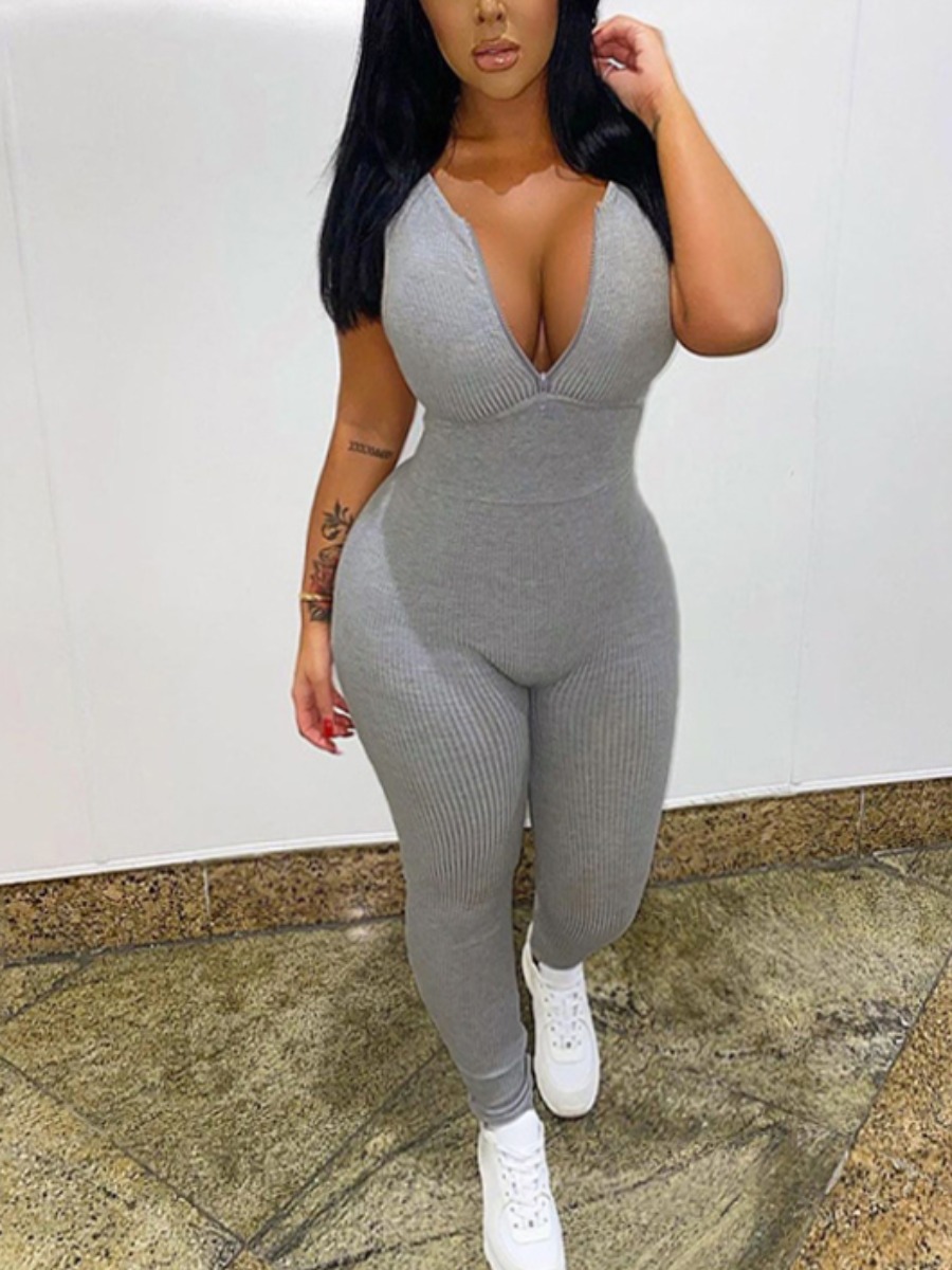

LW BASIC Rib-Knit Backless One-piece Jumpsuit, Grey