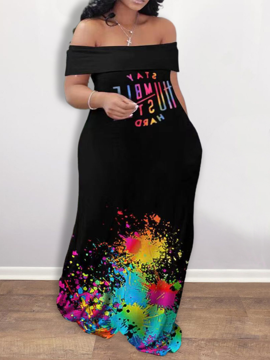

LW Plus Size Off The Shoulder Graffiti Letter Print Dress, Black