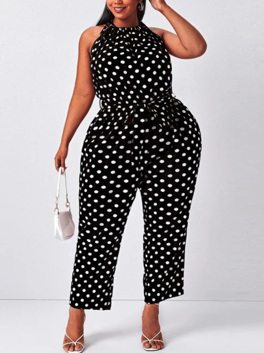 

LW Plus Size Dot Print Bandage Design One-piece Jumpsuit, Black
