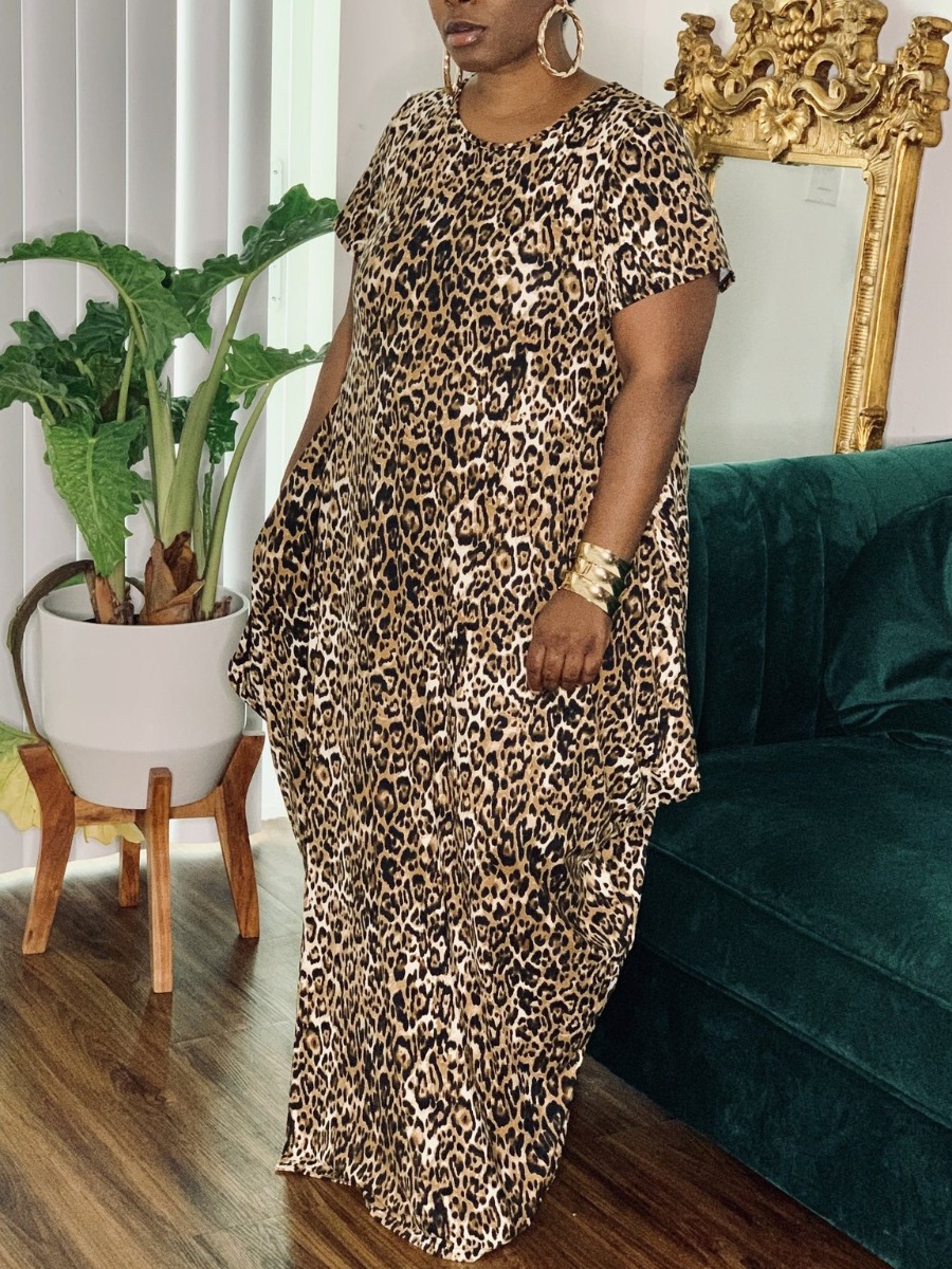 

Lovely Plus Size Round Neck Leopard Print Dress