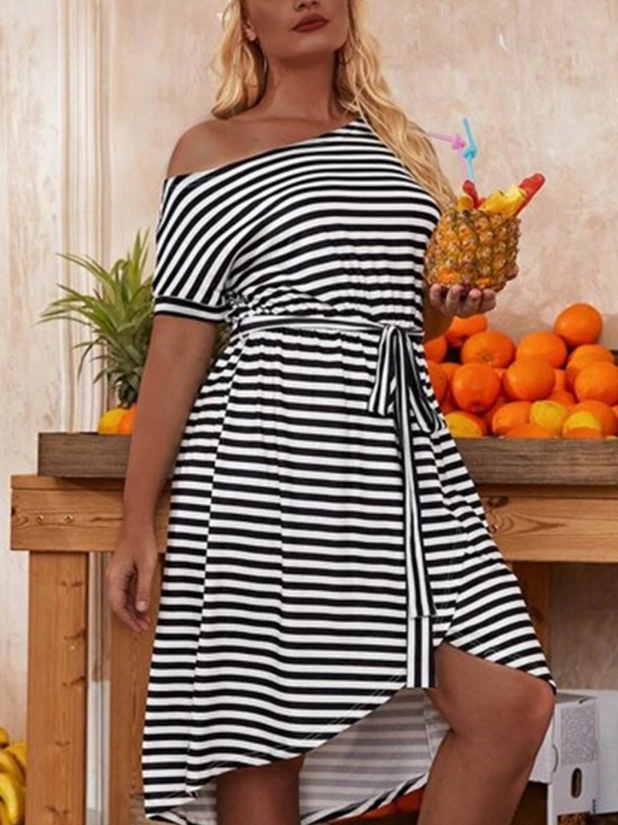

Lovely Plus Size Boat Neck Striped Asymmetrical Dress, Black stripe
