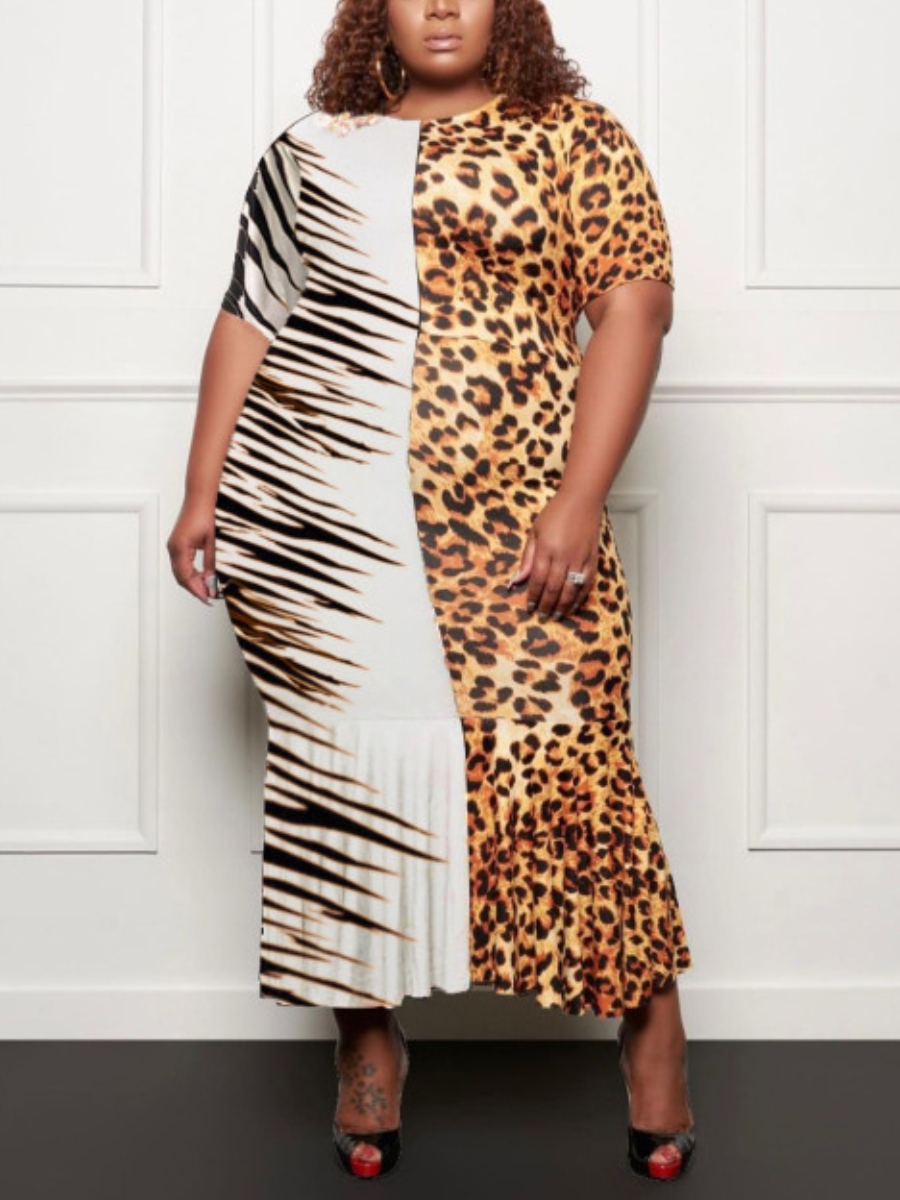 

Lovely Plus Size Leopard Print Patchwork Dress
