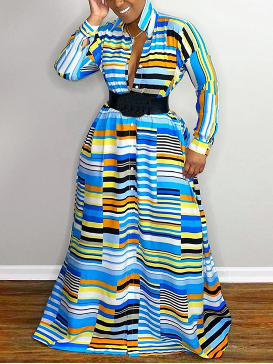 

LW Striped Patchwork A Line Dress (Without Belt), Blue
