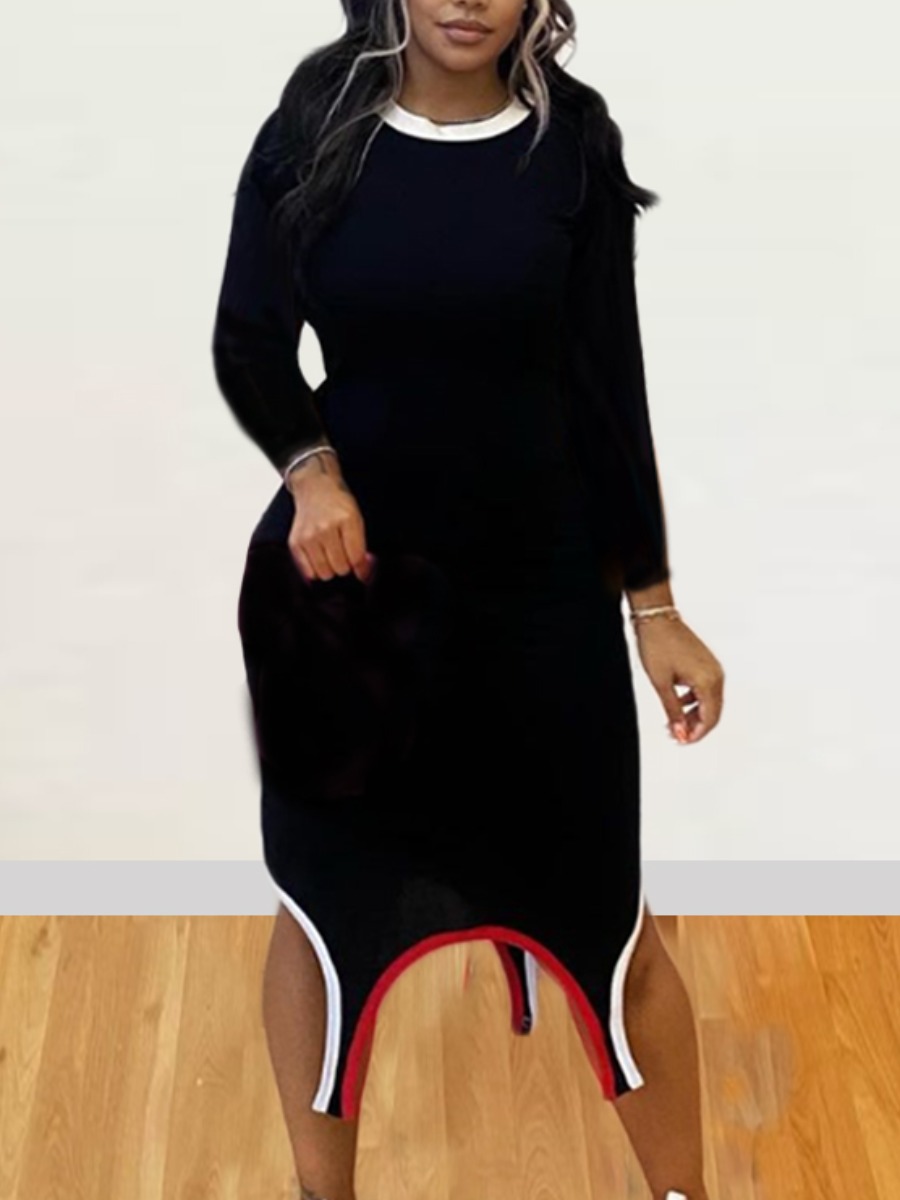 

Lovely Round Neck Asymmetrical Bodycon Dress, Black