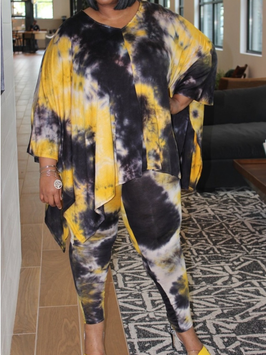 

Lovely Plus Size Tie-dye Asymmetrical Two-piece Pants Set, Yellow