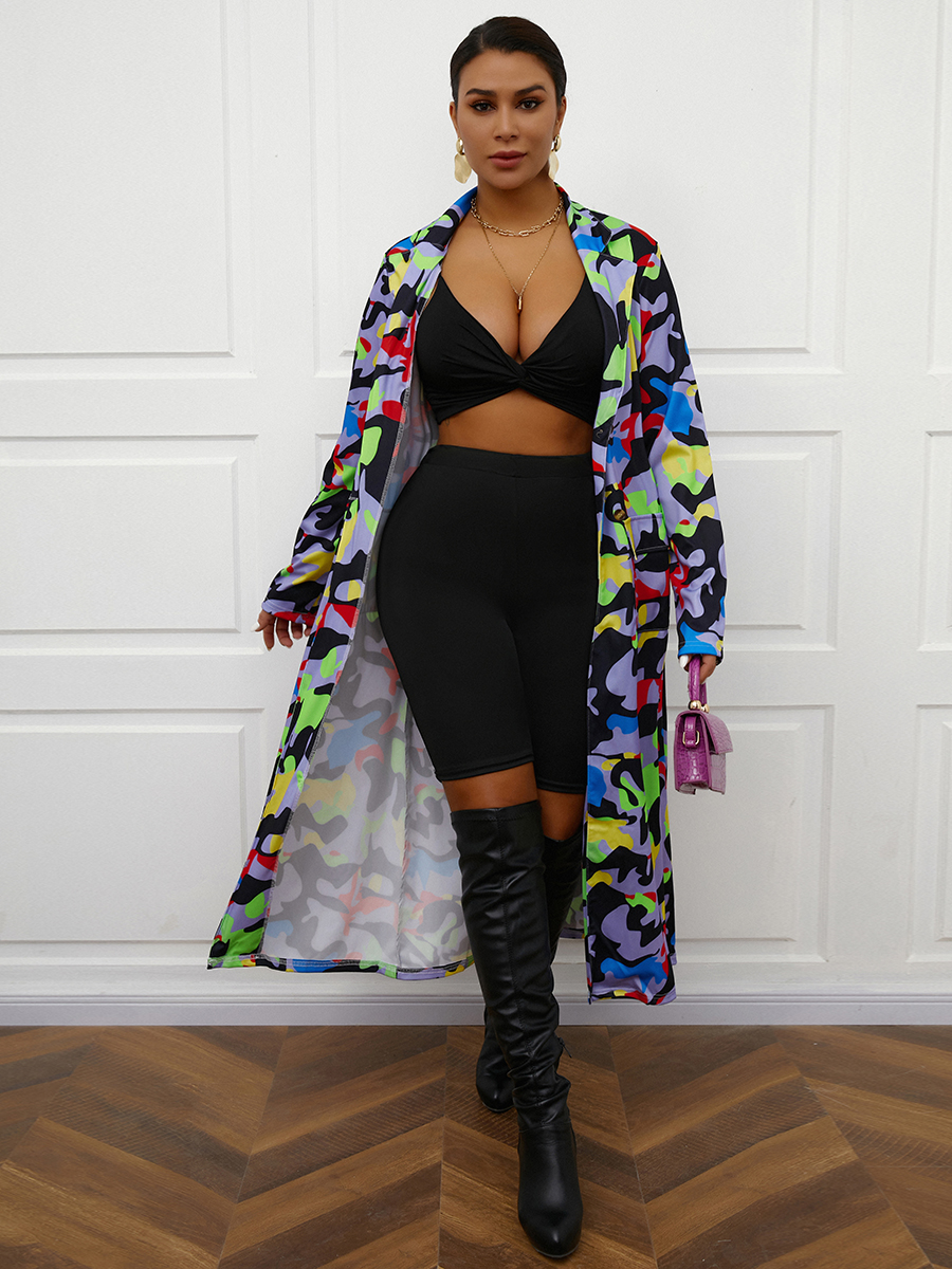 

LW COTTON Camo Print Patchwork Trench Coat