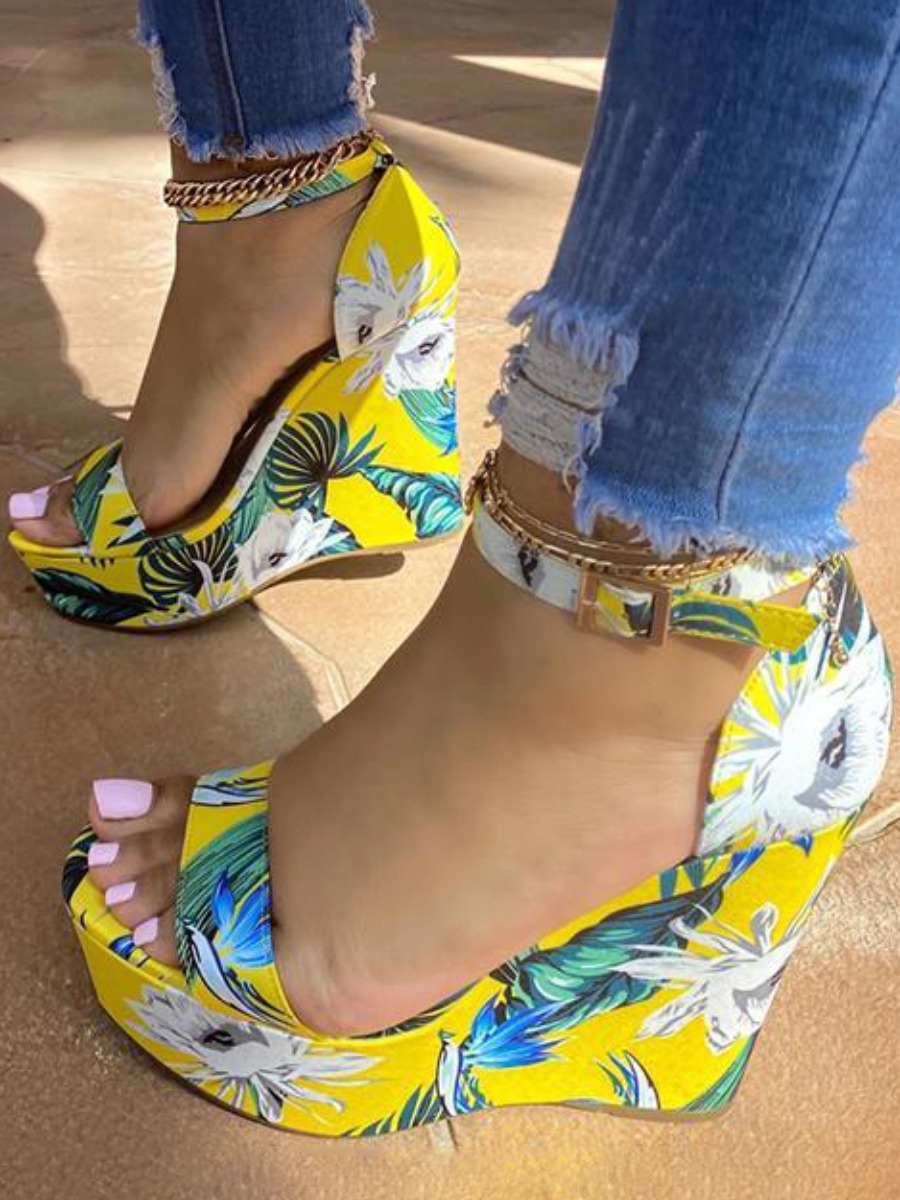 

LW Floral Print High Sole Platform Shoes, Yellow