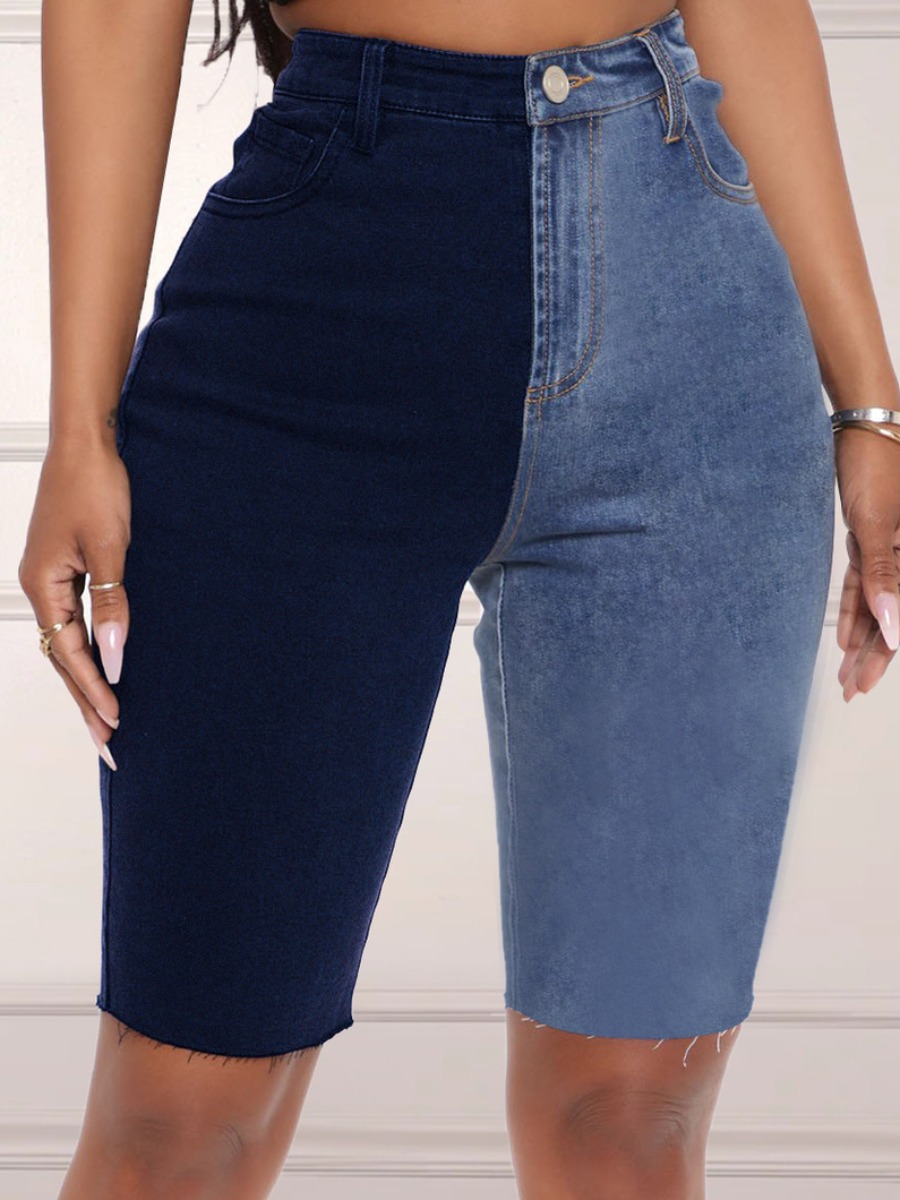 

LW High-waisted Patchwork Denim Shorts, Blue