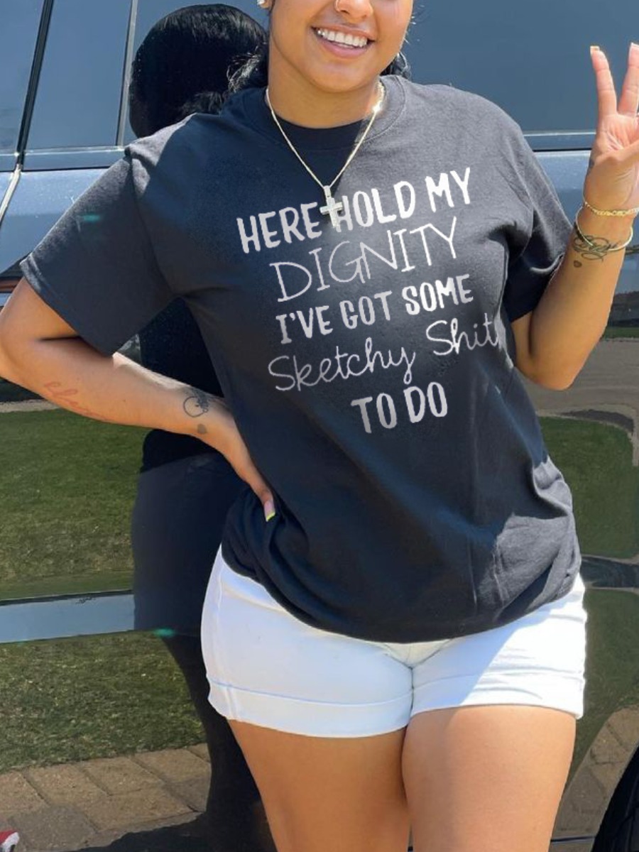 

LW BASICS Round Neck Letter Print T-shirt, Black