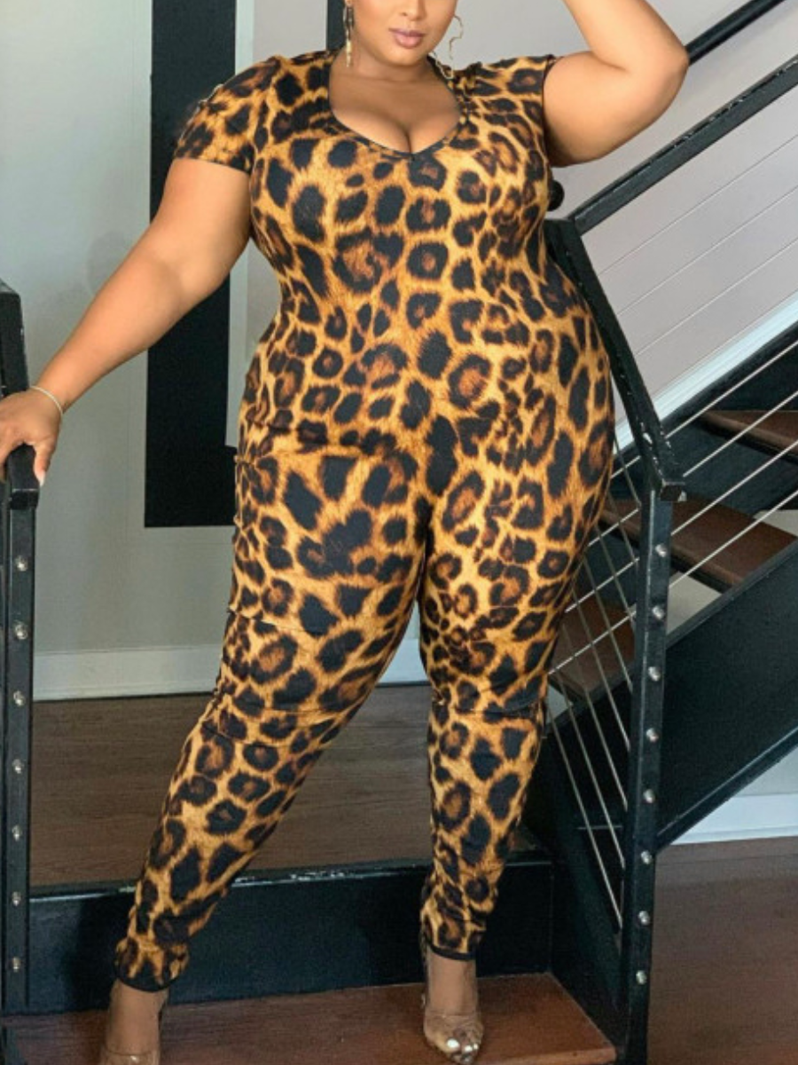 

Lovely Plus Size U Neck Leopard Print One-piece Jumpsuit