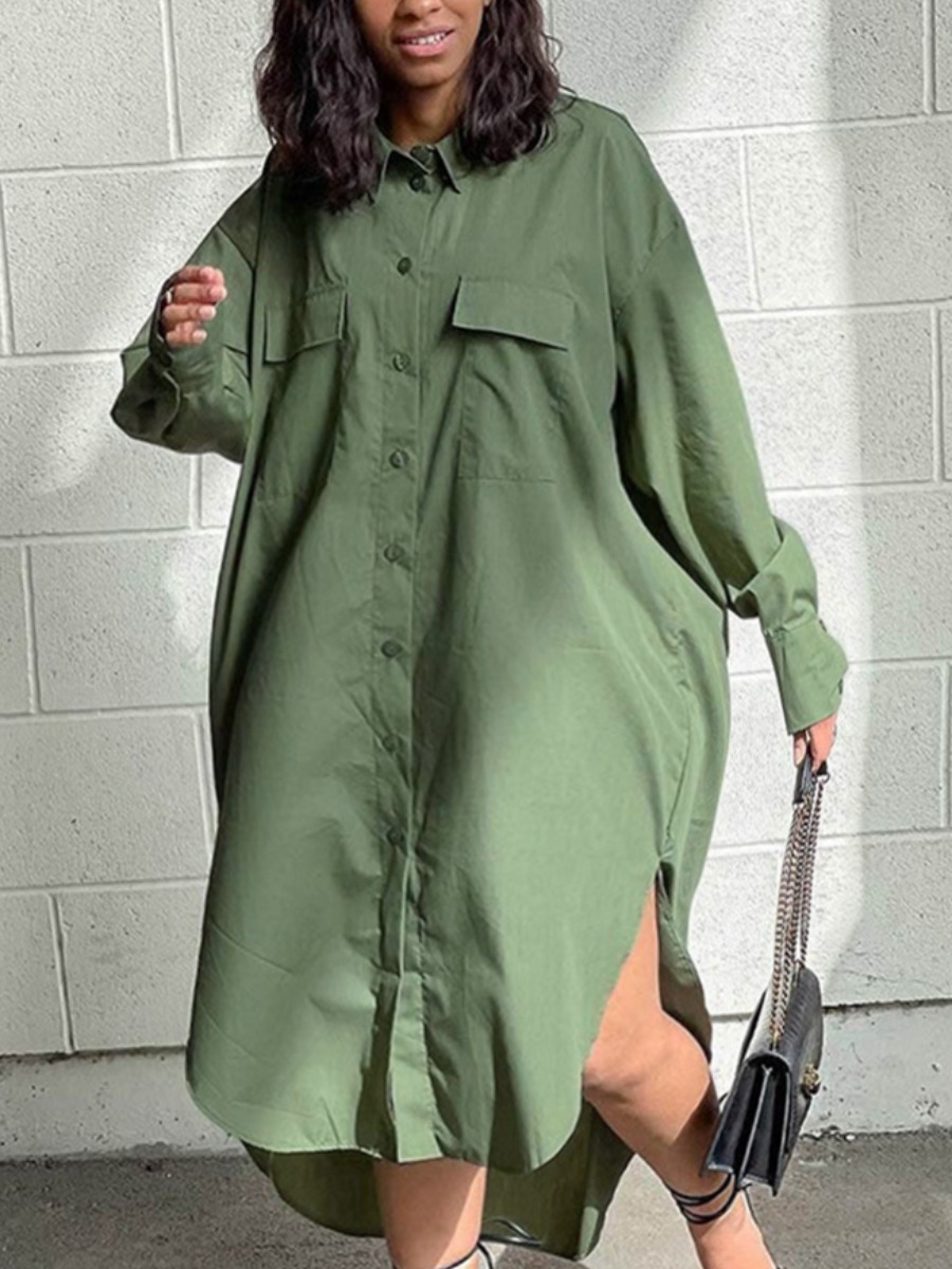 

LW Plus Size Pocket Design Slit Shirt Dress, Army green