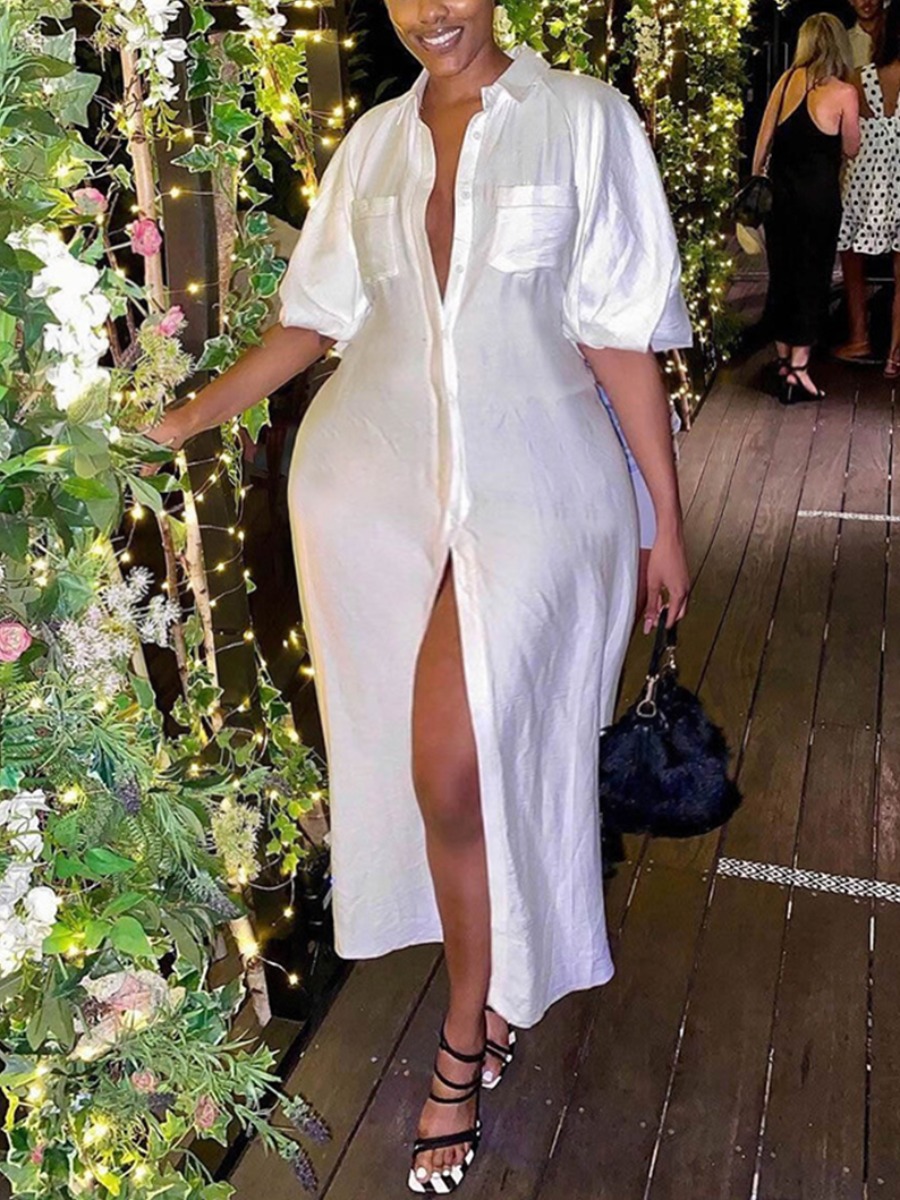 

LW Plus Size Button Pocket Design Shirt Dress, White