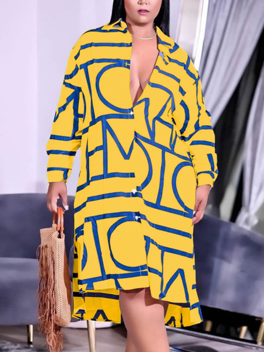 

LW Plus Size Dropped Shoulder Letter Print Shirt Dress, Yellow