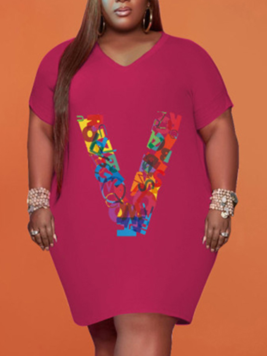 

LW Plus Size Letter Print Patchwork Dress, Rose red
