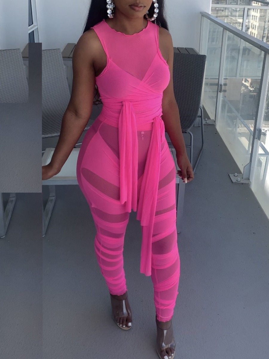 

LW SXY See-through Bandage Design Two Piece Pants Set, Rose red