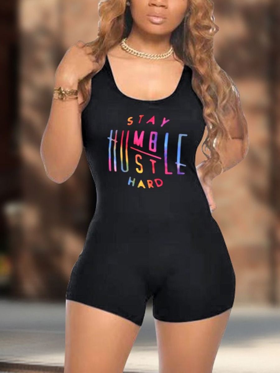 

Lovely Gradient Letter Print Bodycon One-piece Romper, Black