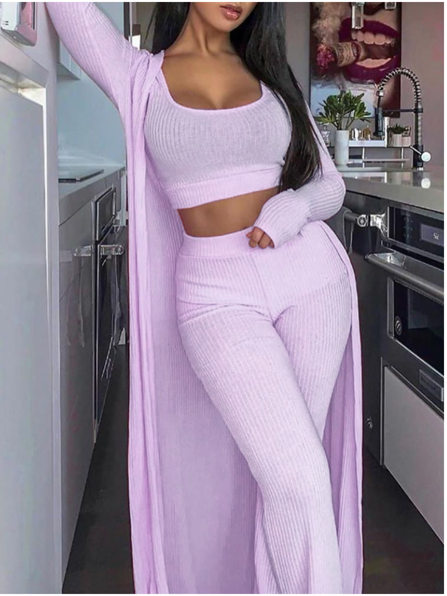 

Lovely Plus Size U Neck Elastic Three-piece Pants Set, Light purple
