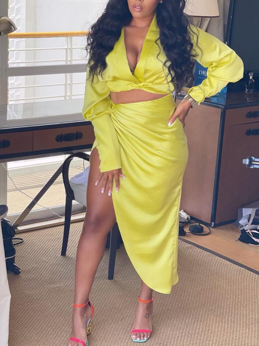 

LW SXY Twist Front Fold Design Slit Two Piece Skirt Set, Yellow