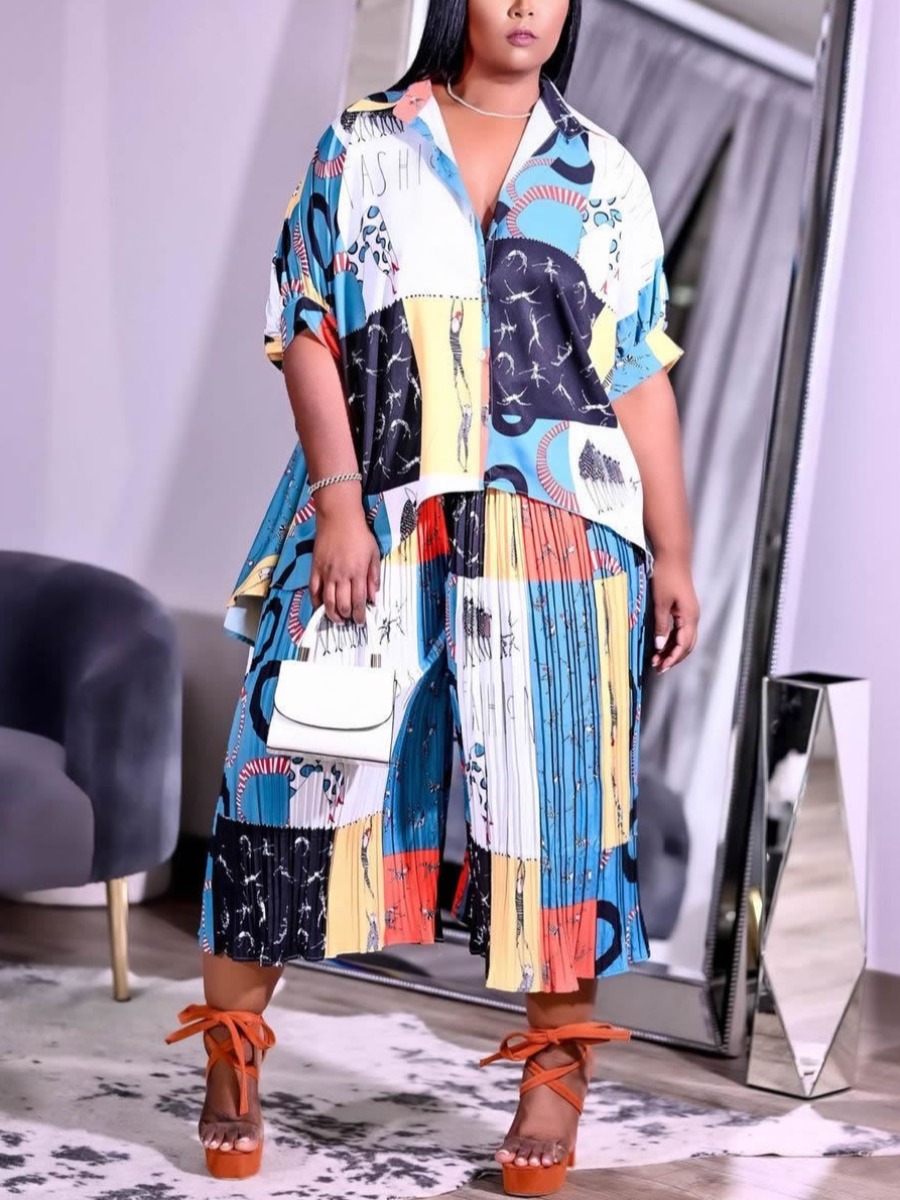 

LW Plus Size Mixed Print Wide Fit Two-piece Pants Set, Blue