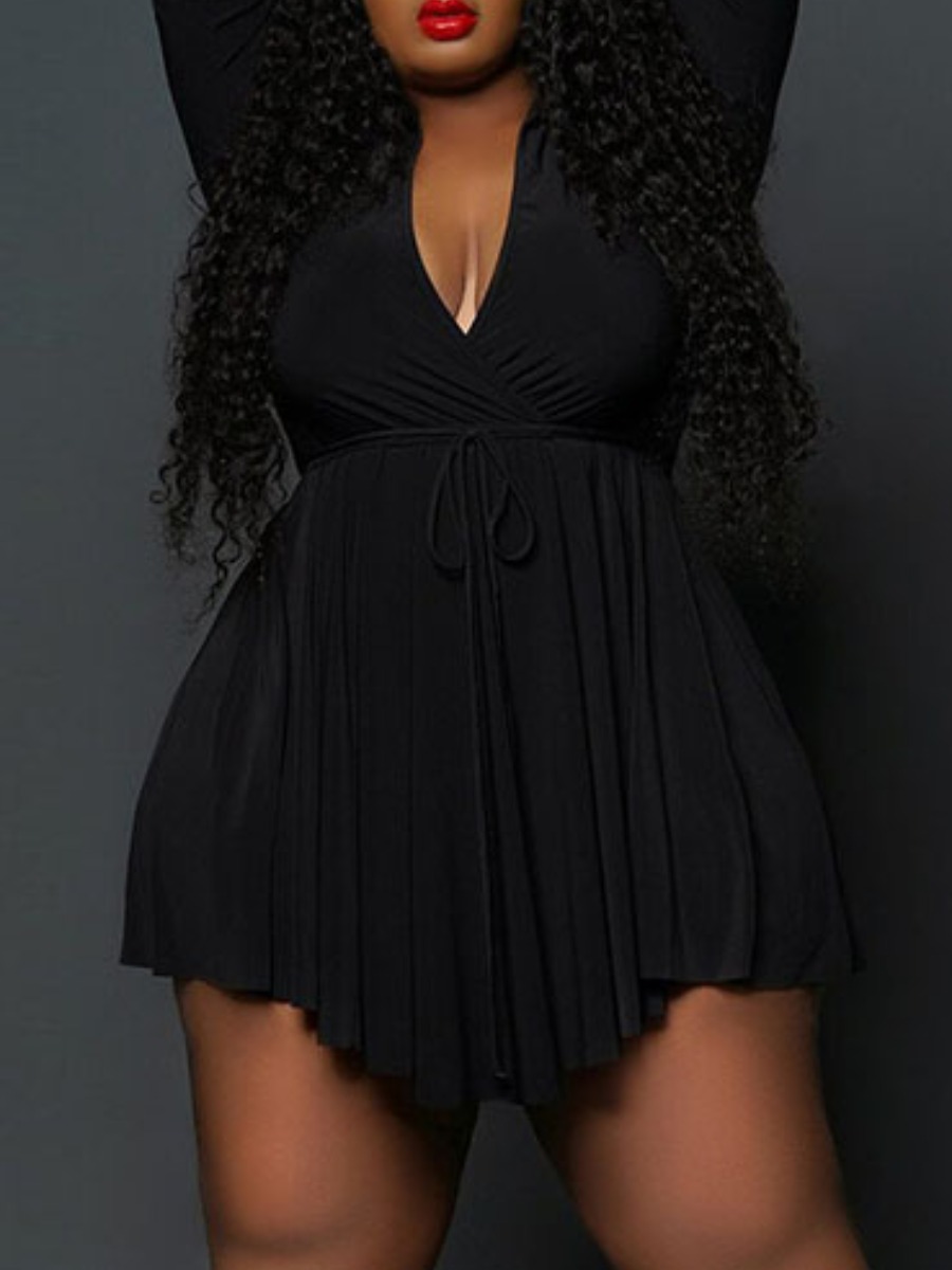 

LW Plus Size Turndown Collar Drawstring A Line Dress, Black