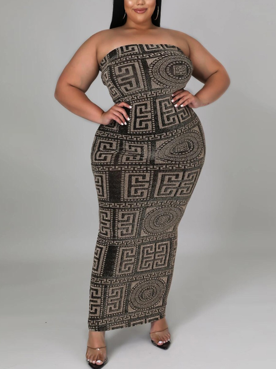 

LW Plus Size Off The Shoulder Geometric Print Bodycon Dress, Grey