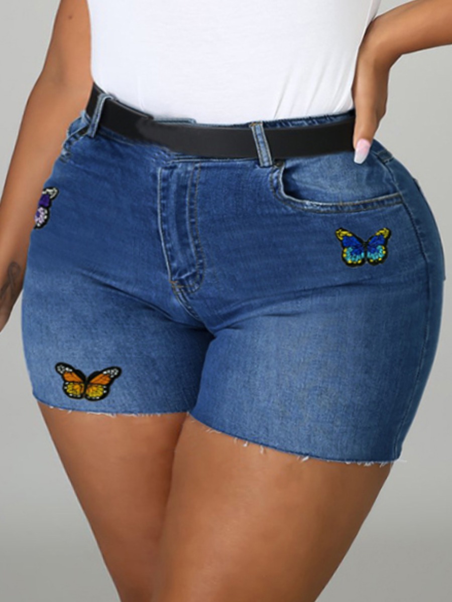 

LW Plus Size Butterfly Print Raw Edge Denim Shorts, Blue