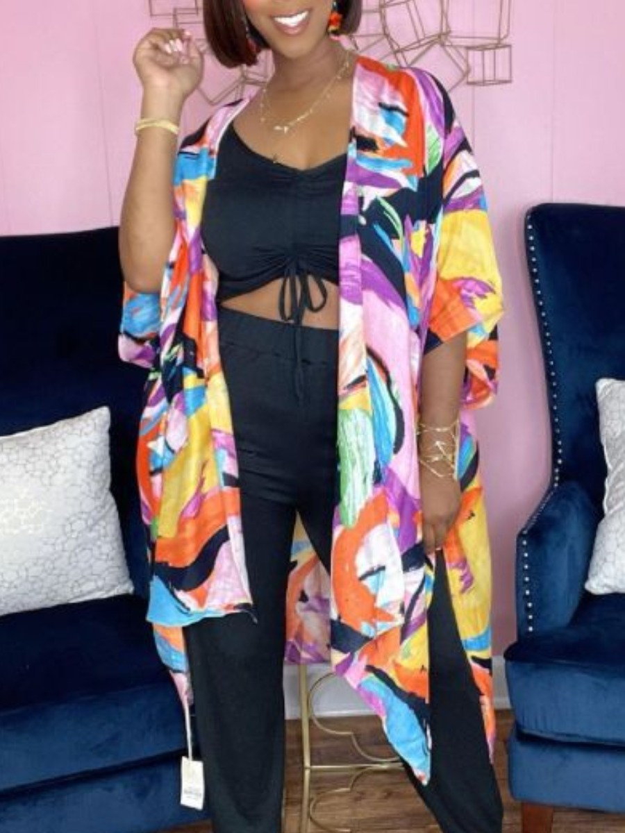 

LW Dropped Shoulder Mixed Print Slit Coat, Multi