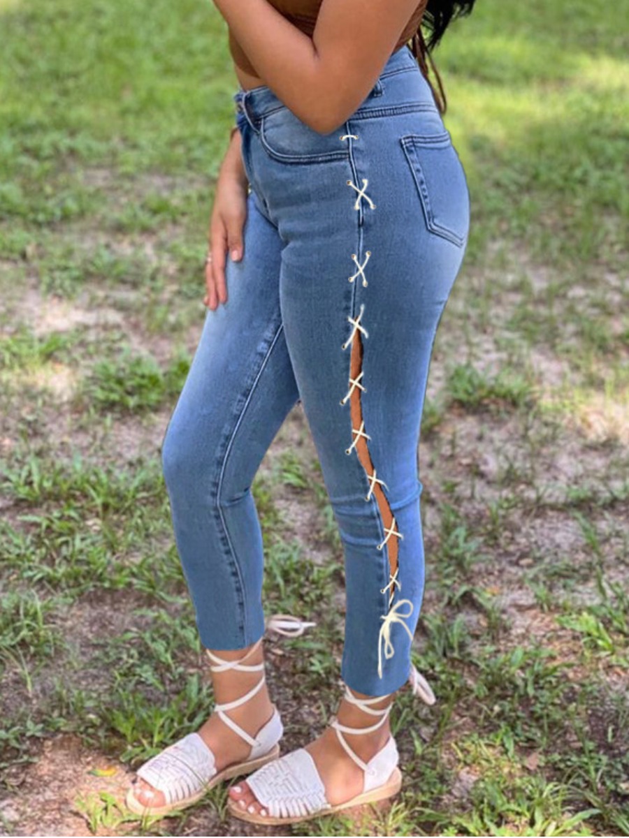 

LW Stretch Bandage Hollow-out Design Jeans, Blue
