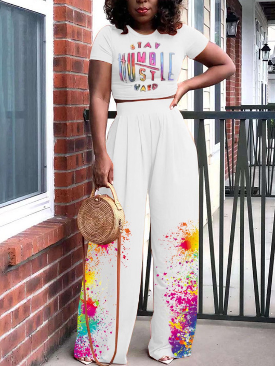 

LW Letter Print Splash-ink Design Two Piece Pants Set, White