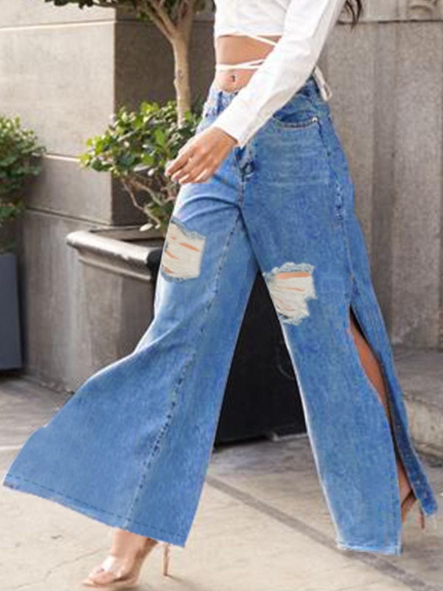 Lovely Ripped Split Wide Leg Jeans, Blue
