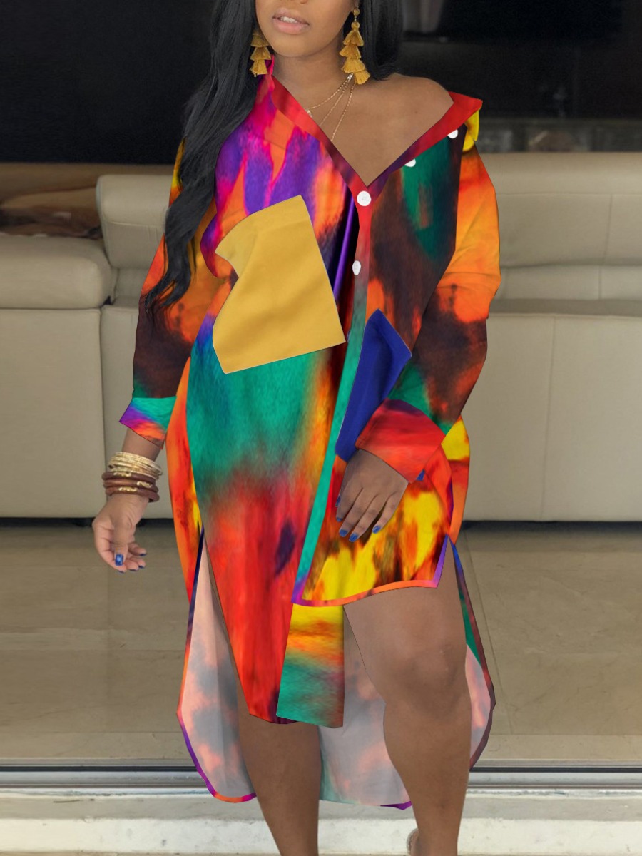 

LW Tie-dye Slit Asymmetrical Shirt Dress, Multi