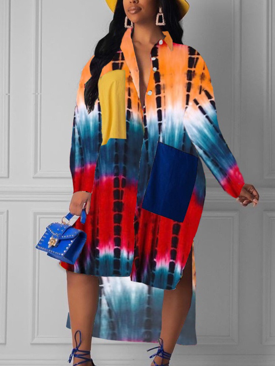 

LW Tie-dye Asymmetrical Shirt Dress, Multi