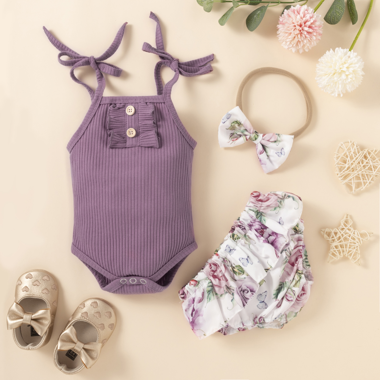 

Lovely Girl Floral Print Rib-Knit Two Piece Shorts Set (With Headband), Purple