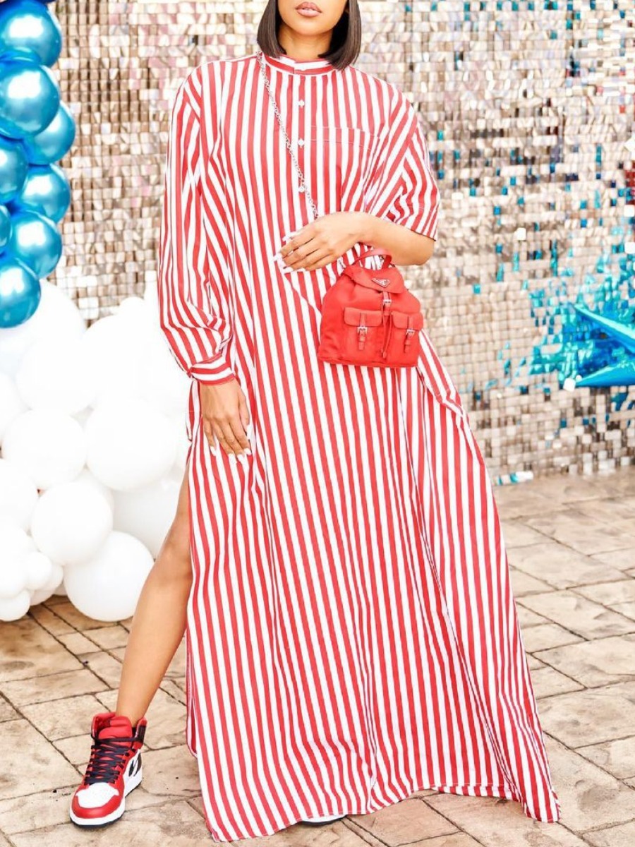 

Lovely Striped Slit A Line Shirt Dress, Red