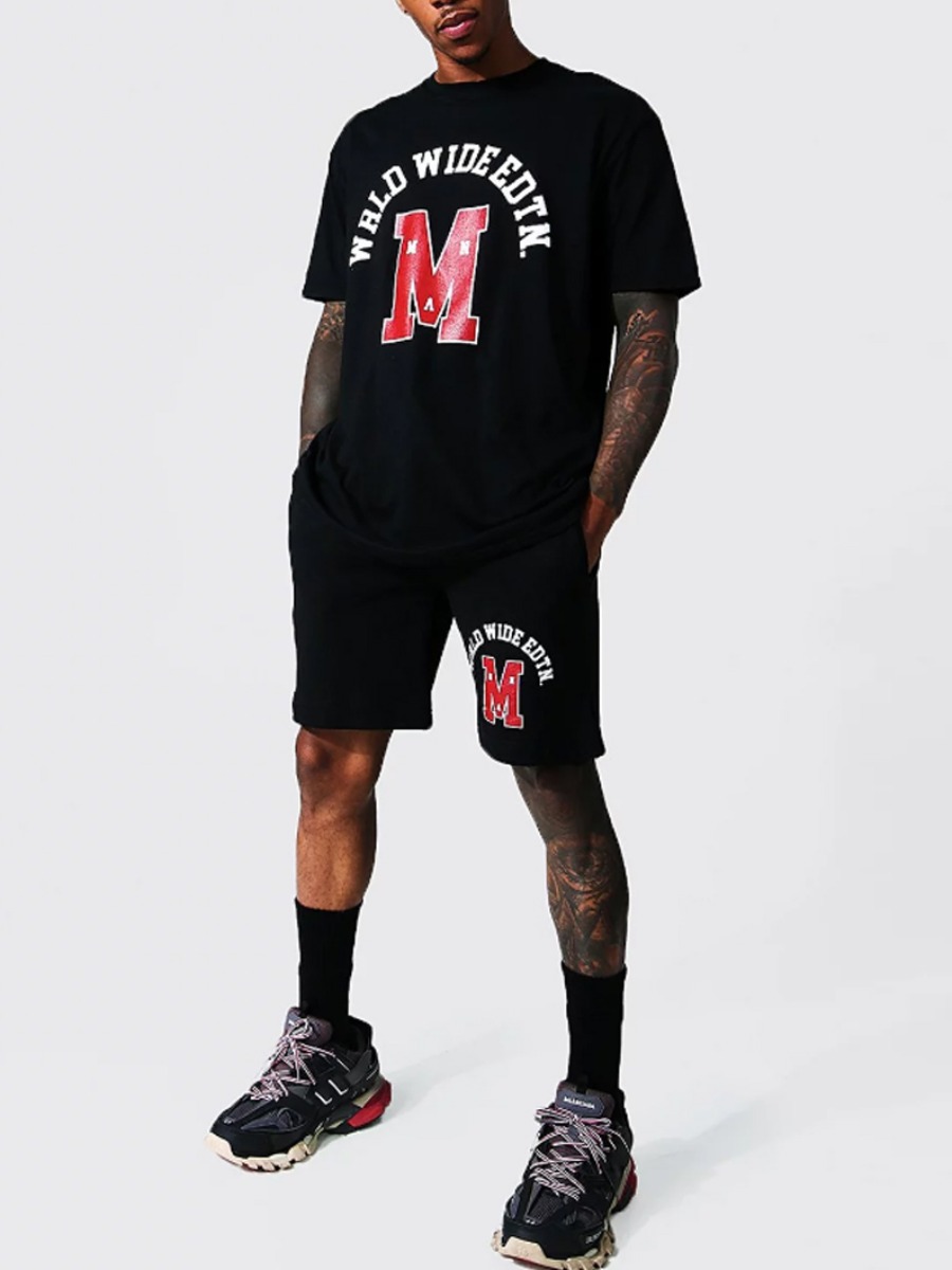 

Lovely Men Round Neck Letter Print Two Piece Shorts Set, Black