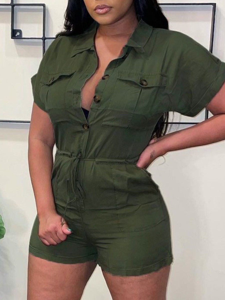 

LW Drawstring Button Design One-piece Romper, Army green