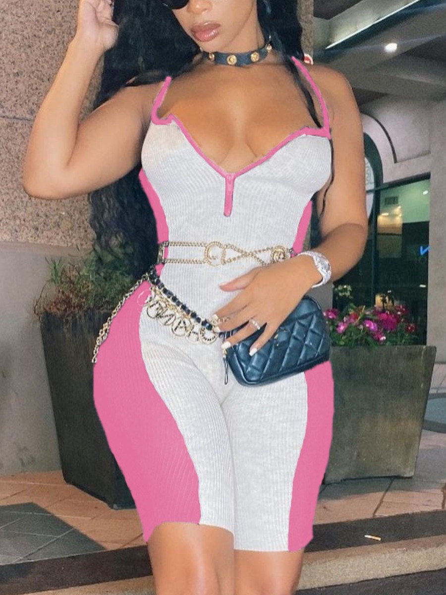 

LW Color-lump Patchwork Cami One-piece Romper (Without Waist Chain), Pink