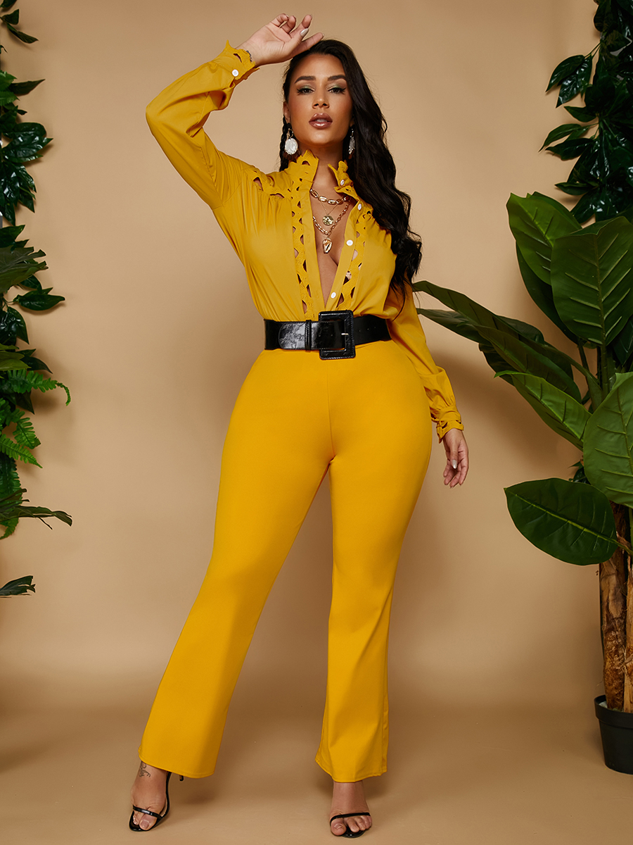 

Lovely Button Design Hollow-out Two Piece Pants Set (Without Belt), Orange