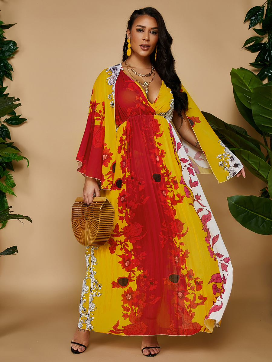 

Lovely Shawl Sleeve Floral Print Dress, Red