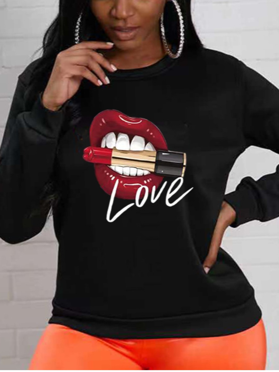 

LW Lip Letter Print Oversized Hoodie, Black