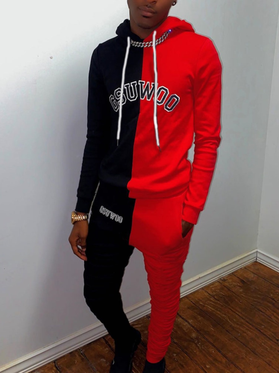 

LW Men Letter Print Patchwork Oversized Two Piece Pants Set, Black