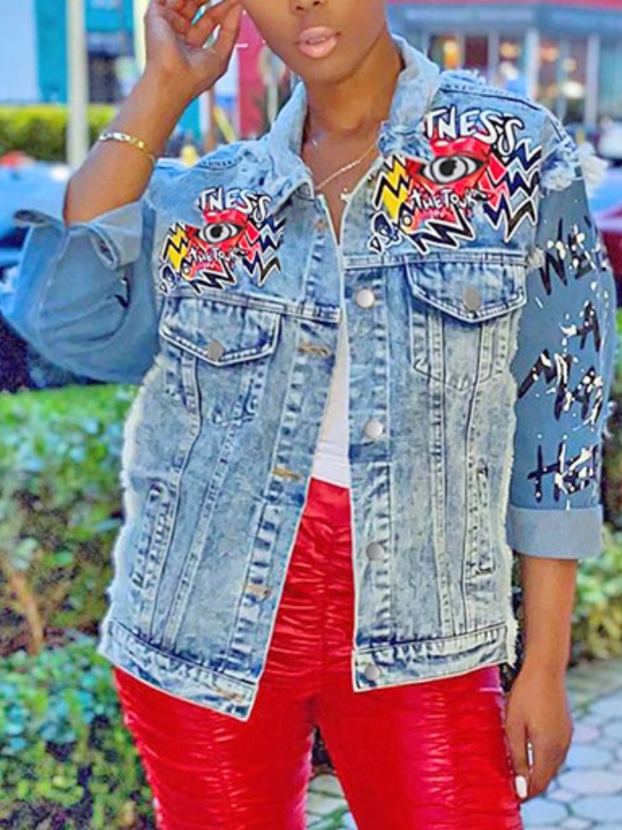 

LW Graffiti Print Ripped Denim Jacket, Blue