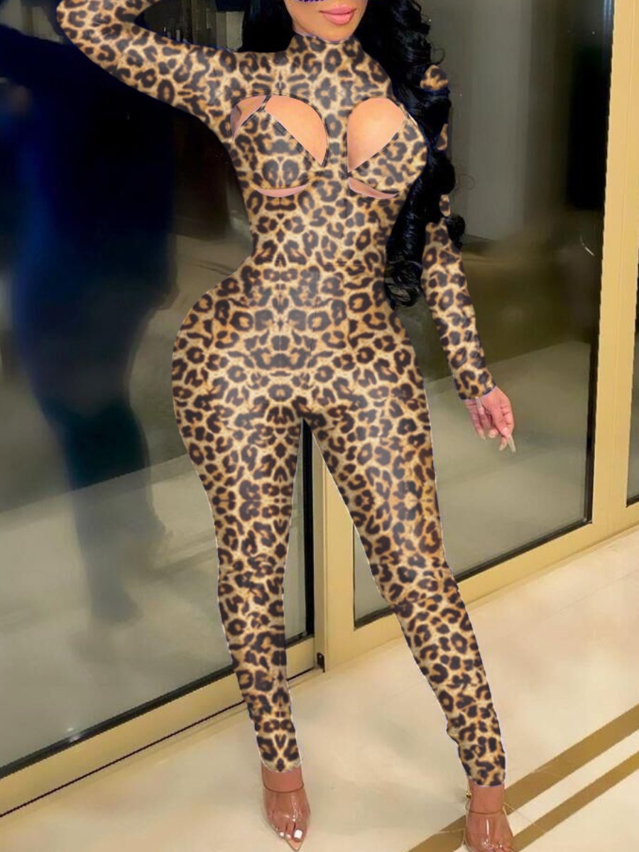 

LW SXY Leopard Print Hollow-out One-piece Jumpsuit