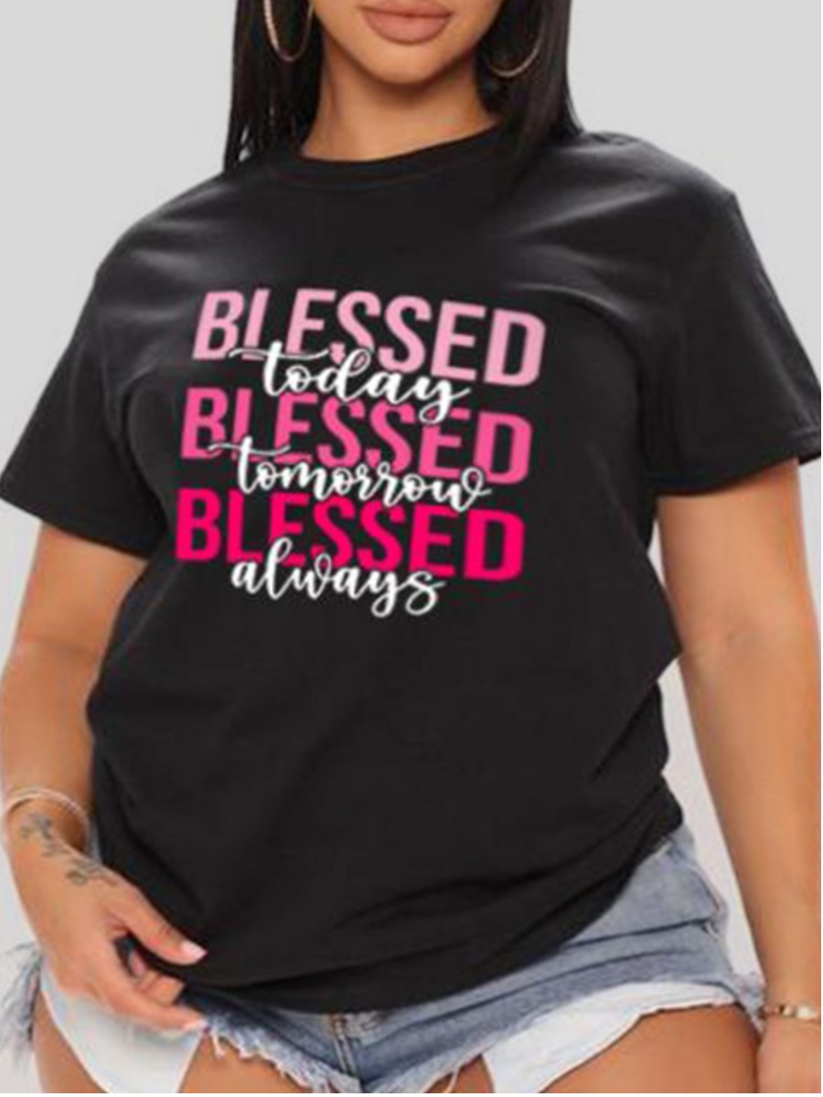 

LW Plus Size Round Neck Letter Print T-shirt, Black
