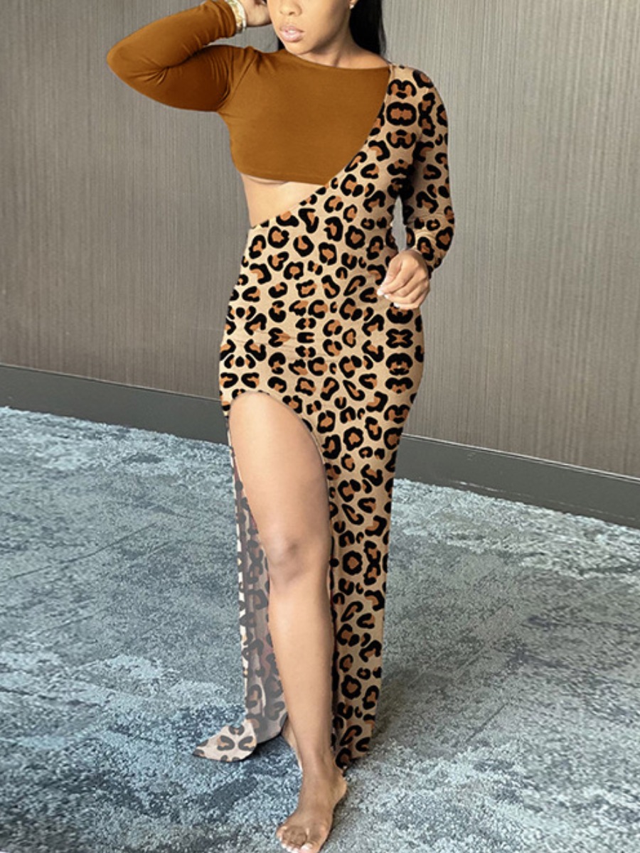 

Lovely Leopard Print Hollow-out Slit Dress